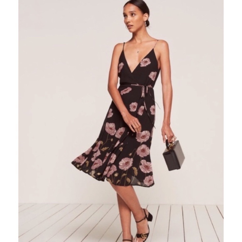 EUC Reformation Floral Pink Poppy Flower Temple Midi Wrap Dress Size '​​​​​​ - Picture 12 of 13